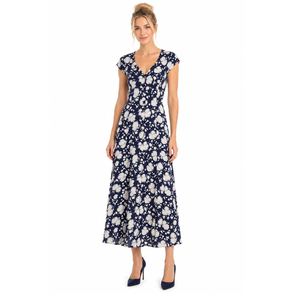 Maeve Anthropologie Tate Motif Floral Sundress Midi Navy Blue Button Front Sz 4